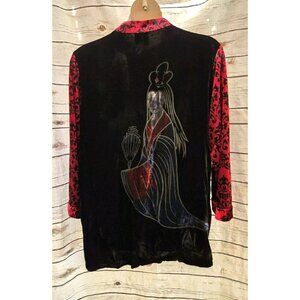 Look East Velvet Burnout Top 2X Button Up Geisha Asian Red Floral Womens